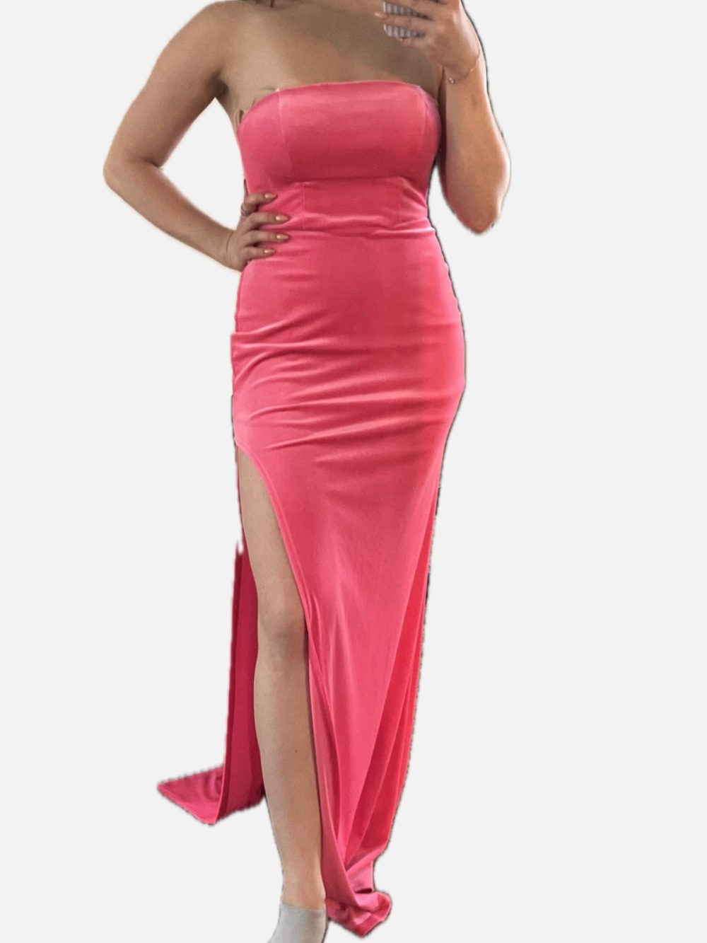 Strapless Pink Velvet High Slit Evening Gown